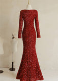 Wine Red Sequins Mermaid Long Sleeves Party Dress, Wine Red Long Prom Dress