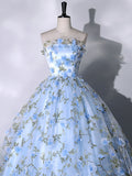 Blue Flowers Lace Ball Gown Long Formal Party Dress, Blue Evening Prom Dress