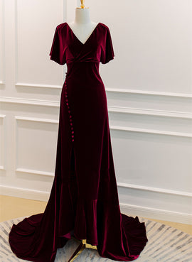 Burgundy Velvet Long Wedding Party Dress With Leg Slit, Wine Red Prom Dress