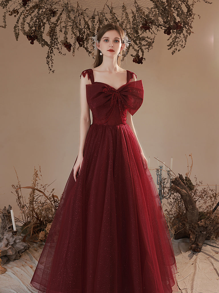 Cute Wine Red Beaded Short Sleevs A-line Party Dress, Wine Red Tulle Long Prom Dress main image 1