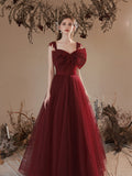 Wine Red Tulle Long Prom Dress with Bow, Wine Red Evening Dress Party Dress