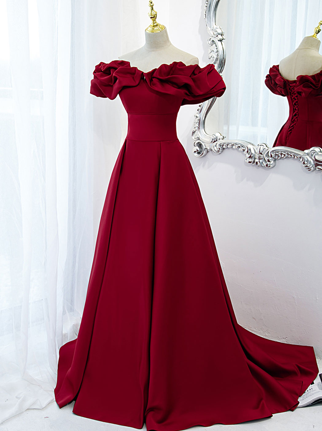 Beautiful Wine Red Satin Long Party Dress, Wine Red Evening Dress