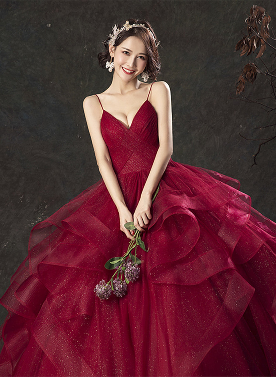 Burgundy V-neckline Straps Tulle Ball Gown Formal Dress, Burgundy Long Prom Dress