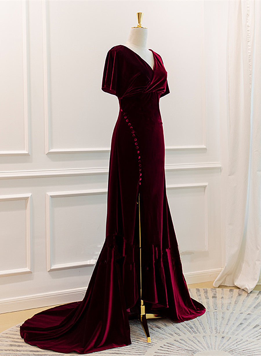 Burgundy Velvet Long Wedding Party Dress With Leg Slit, Wine Red Prom Dress