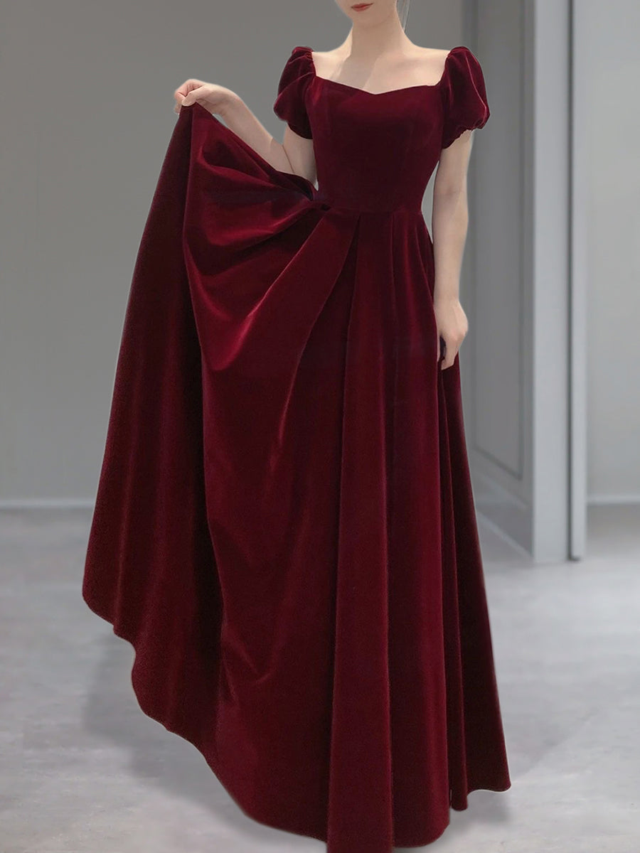 Wine Red Velvet Floor Length Wedding Party Dress, Short Sleeves Prom Dress