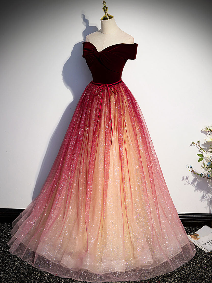 Wine Red Velvet and Tulle Off Shoulder Long Party Dress, Wine Red Junior Prom Dress