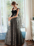 Black Chic Straps Tulle Long Party Dress, A-line Black Prom Dress