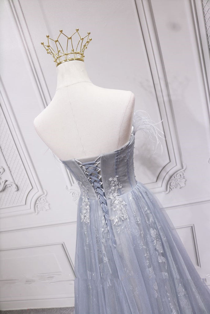 A-line Sliver Grey Tulle Beaded Off Shoulder Party Dress, Sliver Tulle Long Evening Dress Prom Dress