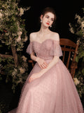 Pink Tulle Beaded Off Shoulder A-line Prom Dress, Pink Tulle Long Formal Dress