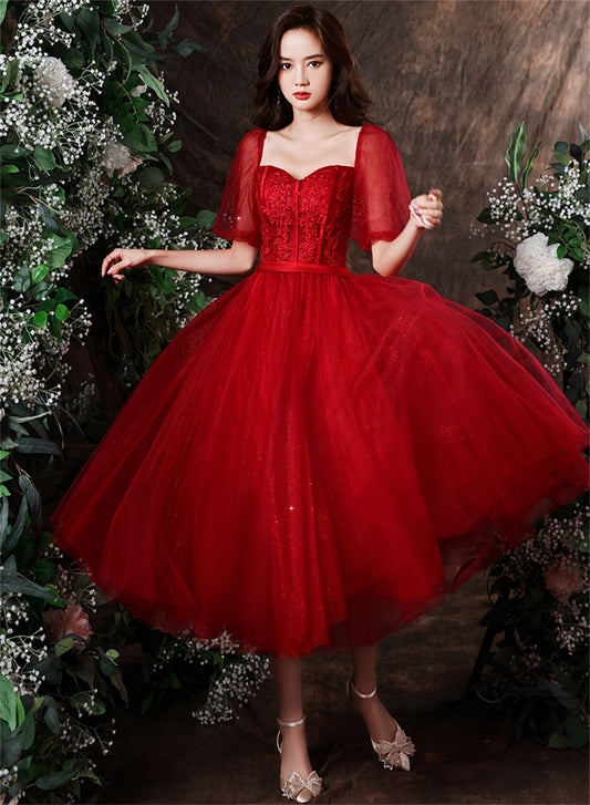 Wine Red Tea Length Tulle with Lace Party Dress, Wine Red Short Prom Dress