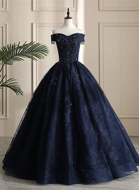 Glam Navy Blue Lace Ball Gown Sweet 16 Dress, Blue Long Wedding Party Dress