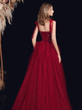 Pretty Wine Red Beaded Long A-Line Prom Dress, Wine Red Straps Party Dress