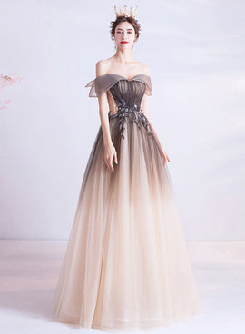 Champagne A-line Tulle Long Party Dress Formal Dress, Off Shoulder Champagne Prom Dress