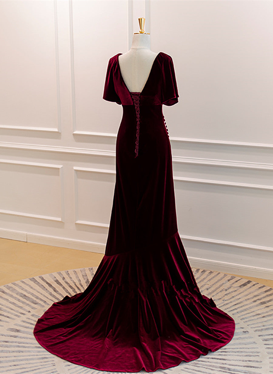 Burgundy Velvet Long Wedding Party Dress With Leg Slit, Wine Red Prom Dress