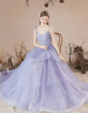 Lavender Tulle V-neckline Long Party Dress with Lace, A-line Tulle Prom Dress