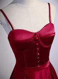 Dark Red Satin Sweetheart Straps Floor Length Prom Dress, Wine Red Evening Dress