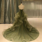 Green Straps Tulle Long Layers Formal Dress, Beautiful Green Floor Length Prom Dress