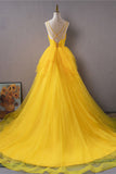 Light Yellow Layers Tulle Long Party Dress, High Low Yellow Formal Evening Dress