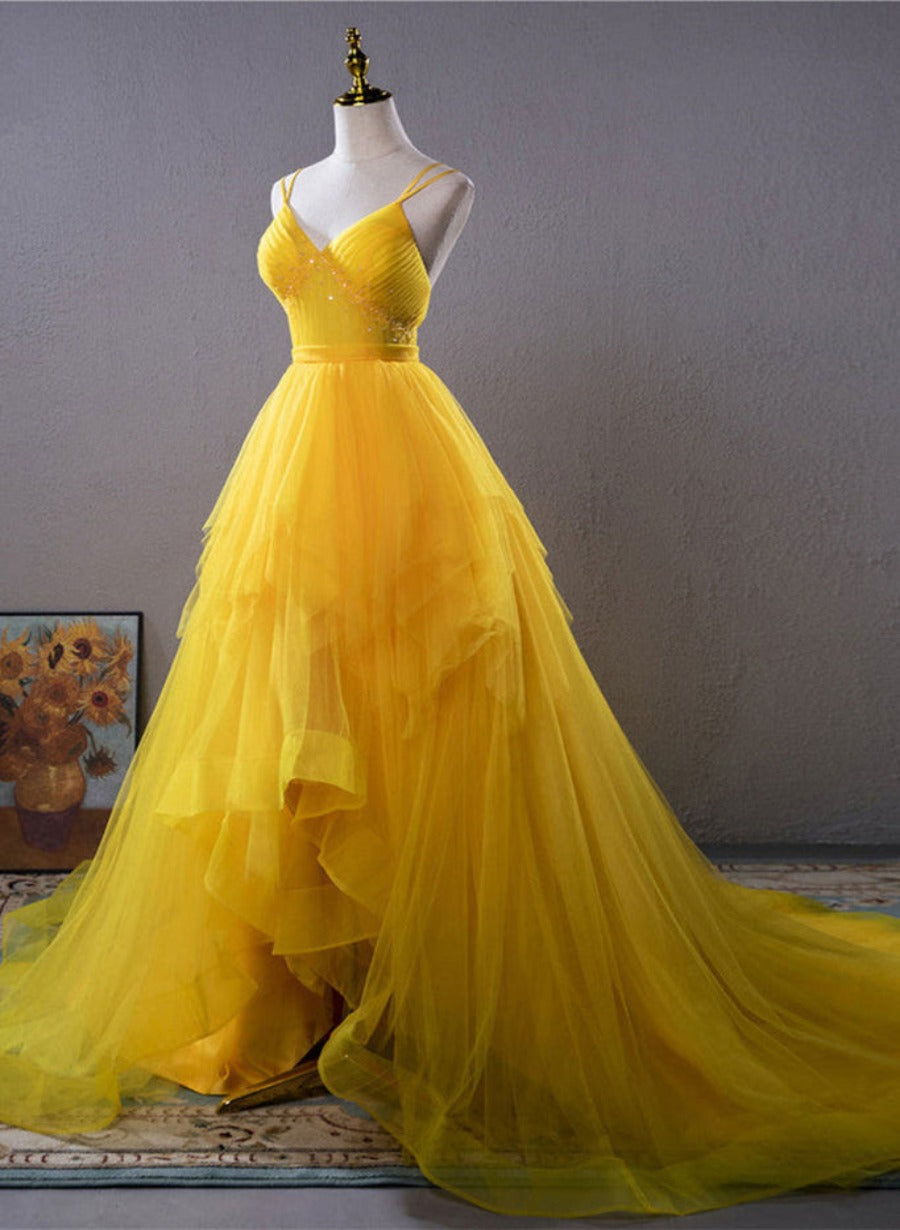 Light Yellow Layers Tulle Long Party Dress, High Low Yellow Formal Evening Dress