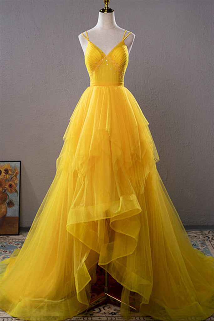 Light Yellow Layers Tulle Long Party Dress, High Low Yellow Formal Evening Dress