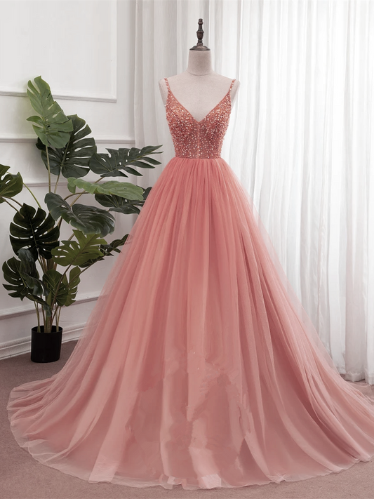 Pink V-neckline Sequins Straps Long Party Dress, Pink Floor Length Formal Dress