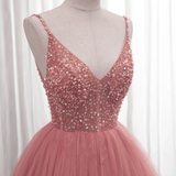 Pink V-neckline Sequins Straps Long Party Dress, Pink Floor Length Formal Dress