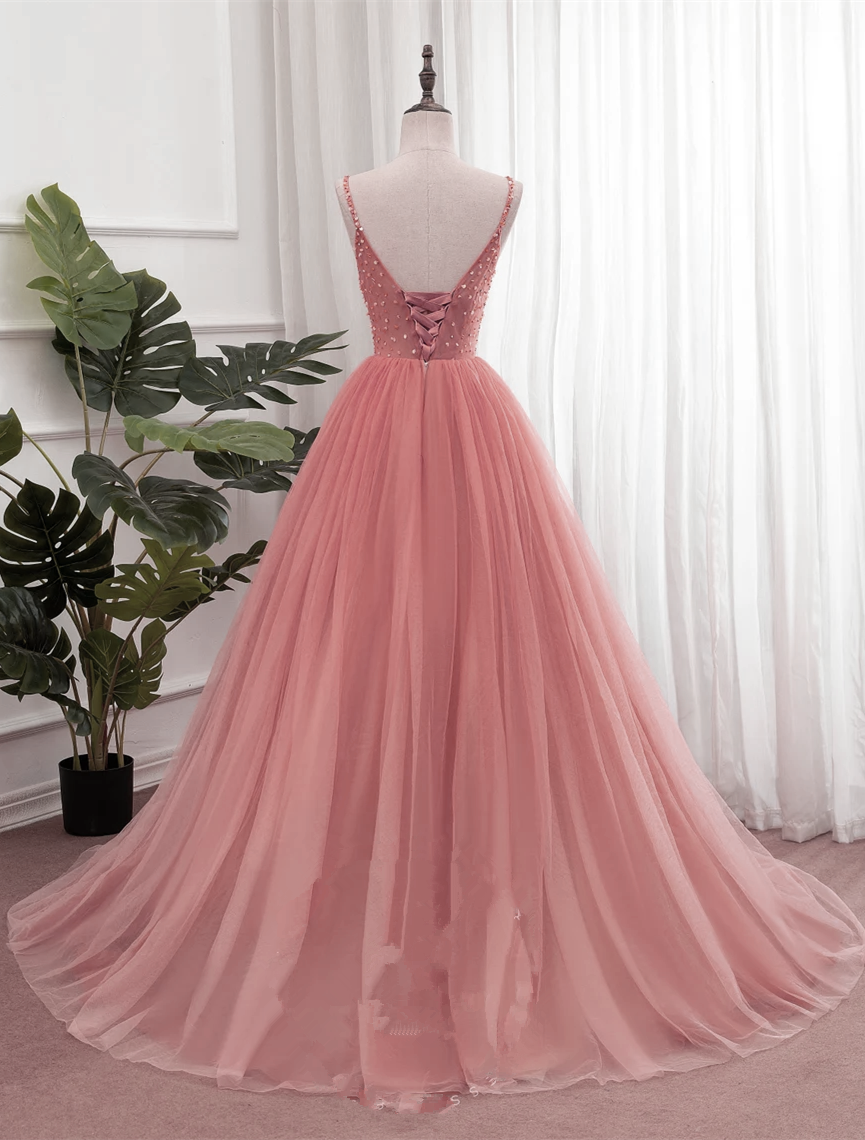 Pink V-neckline Sequins Straps Long Party Dress, Pink Floor Length Formal Dress