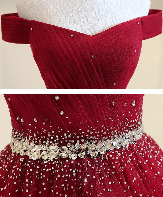 Wine Red Beaded Off Shoulder Floor Length Party Dress, Wibe Red Prom Dress