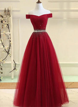 Wine Red Beaded Off Shoulder Floor Length Party Dress, Wibe Red Prom Dress