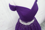 Dark Purple Tulle Beaded Off Shoulder Party Dress, Purple A-line Prom Dress