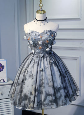 Grey Floral Tulle with Beadings Short Prom Dress, Grey Homecoming Dress