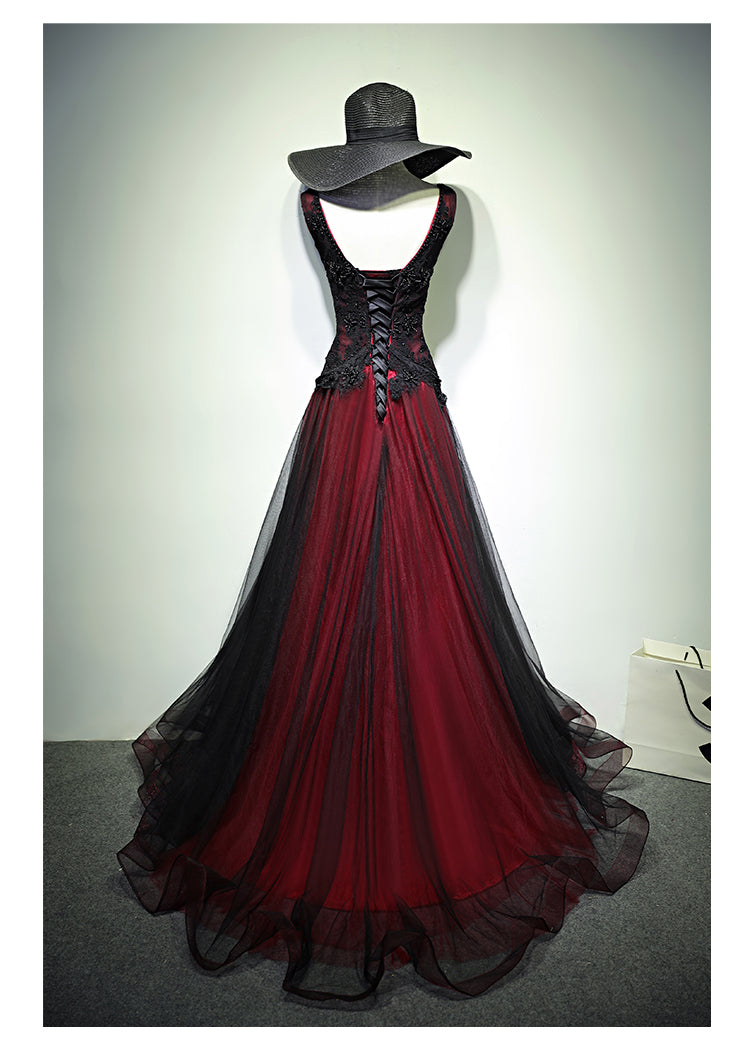 Fashionable Black and Red Low Back Prom Dress, A-line Evening Party Dress