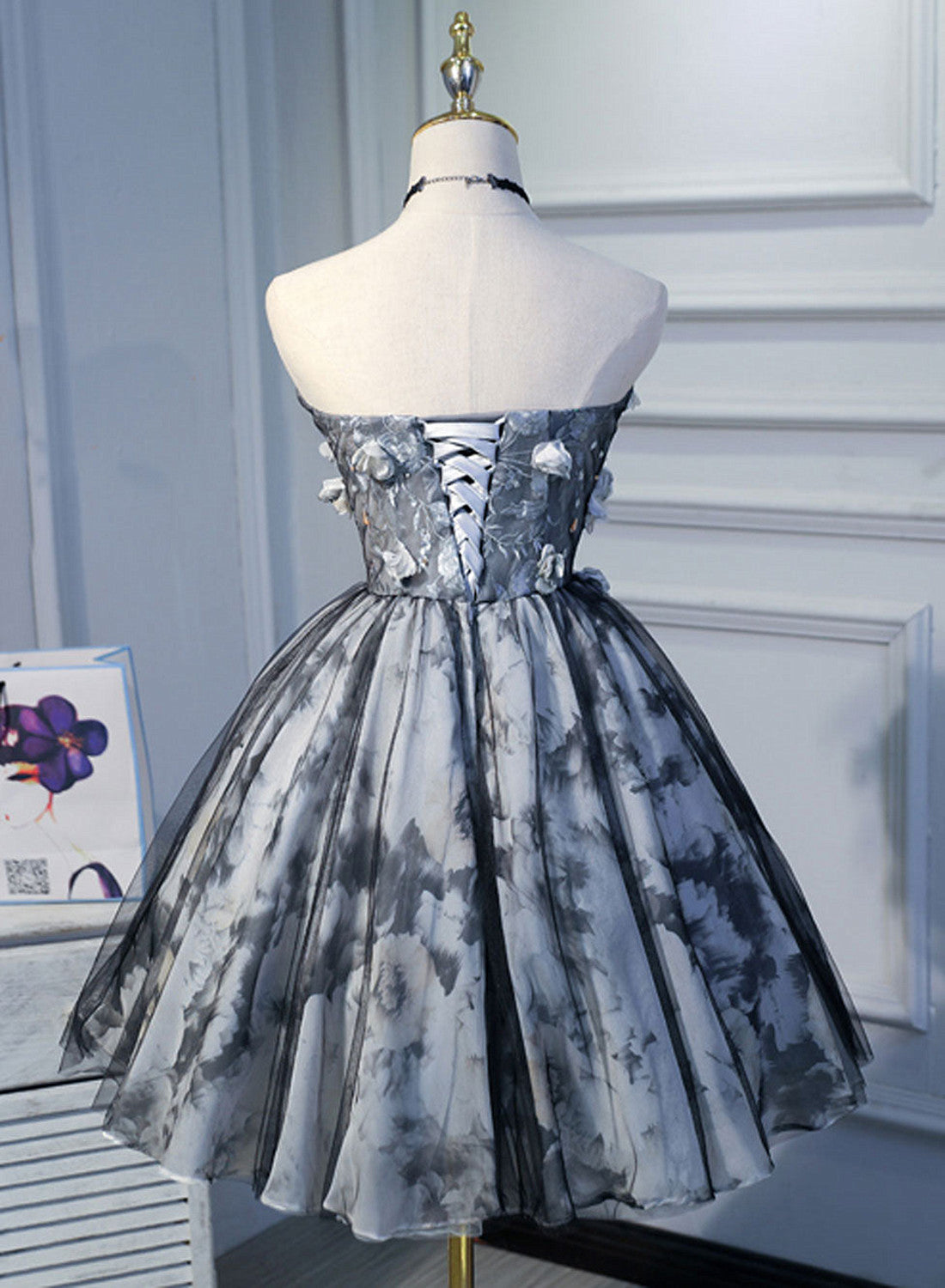 Grey Floral Tulle with Beadings Short Prom Dress, Grey Homecoming Dress