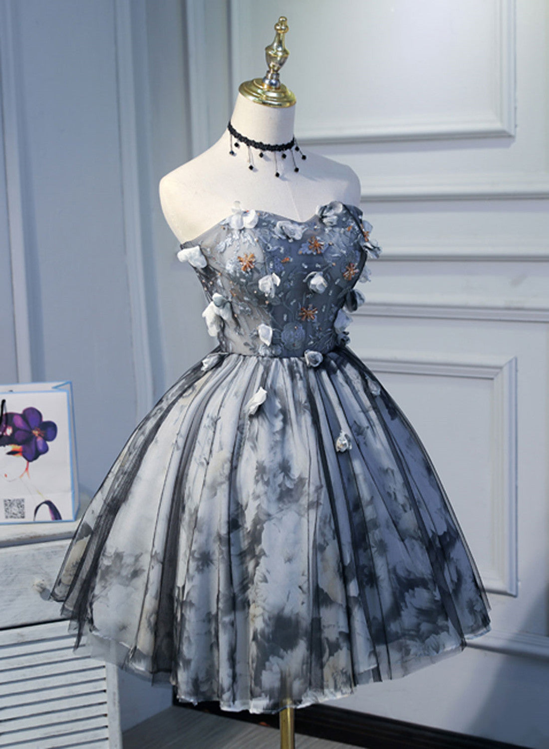 Grey Floral Tulle with Beadings Short Prom Dress, Grey Homecoming Dress