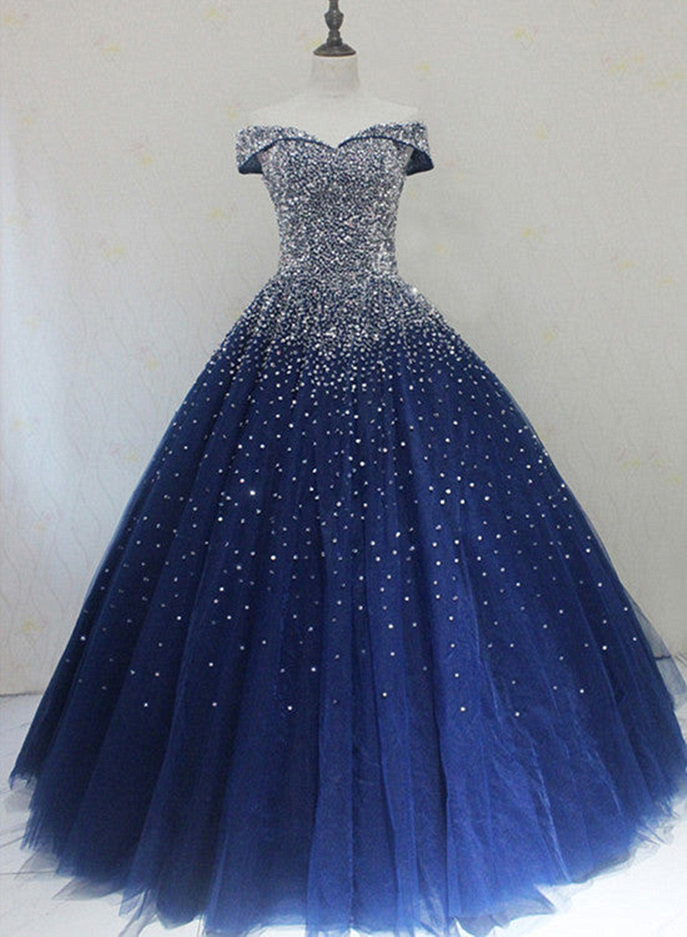 Blue Sequins Sweetheart Ball Gown Sweet 16 Gown, Blue Tulle Party Dress