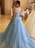 Blue V-neckline Tulle Flowers Long Wedding Party Dress, Blue Tulle Prom Dress