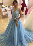 Blue V-neckline Tulle Flowers Long Wedding Party Dress, Blue Tulle Prom Dress