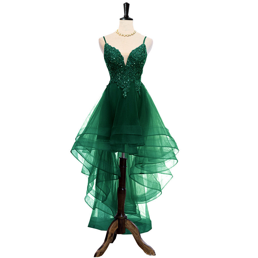 Dark Green V-neckline High Low Prom Dress with Lace and Beadings, Green Homecoming Dress