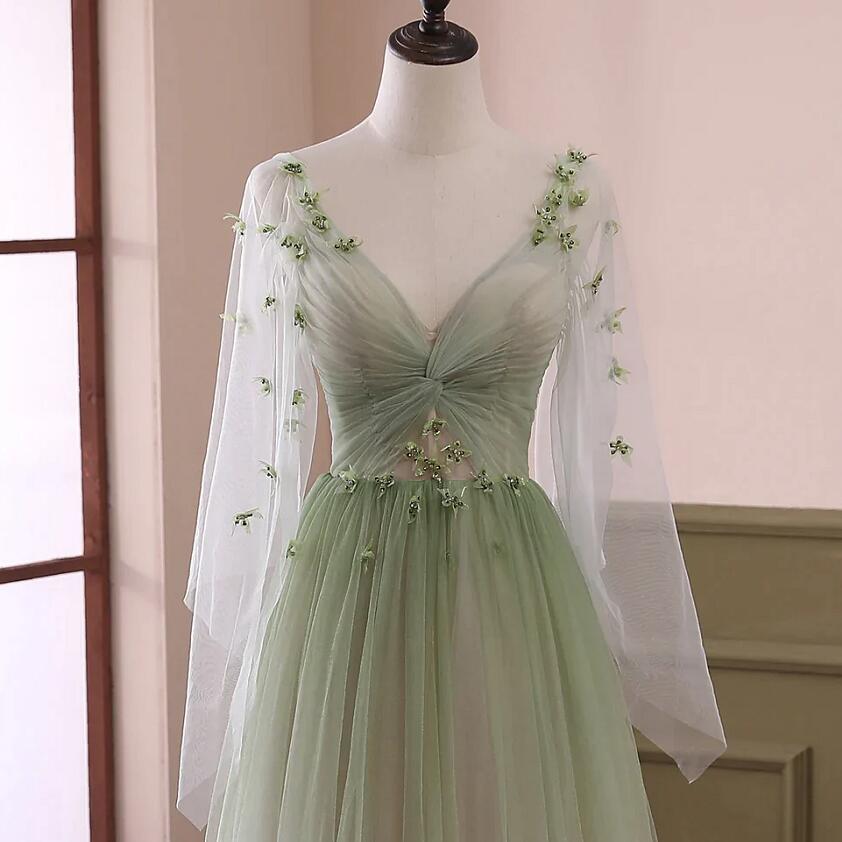 Green Gradient Puffy Sleeves Long Party Dress, A-line Beaded Prom Dress