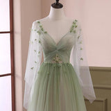 Green Gradient Puffy Sleeves Long Party Dress, A-line Beaded Prom Dress