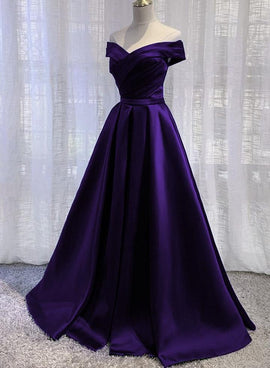 Purple Satin A-line Wedding Party Dress, Purple Long Prom Dress Evening Dress