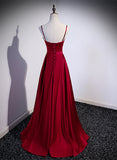 Dark Red Satin Sweetheart Straps Floor Length Prom Dress, Wine Red Evening Dress