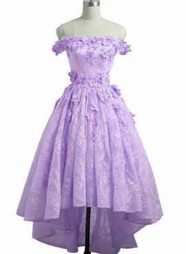 Purple tulle lace short prom dress, high low evening dress