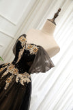 Black and Champagne Tulle Long Party Dress, Off Shoulder Formal Dress Prom Dress