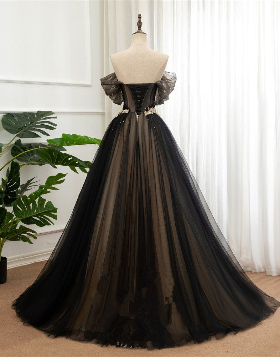 Black and Champagne Tulle Long Party Dress, Off Shoulder Formal Dress ...