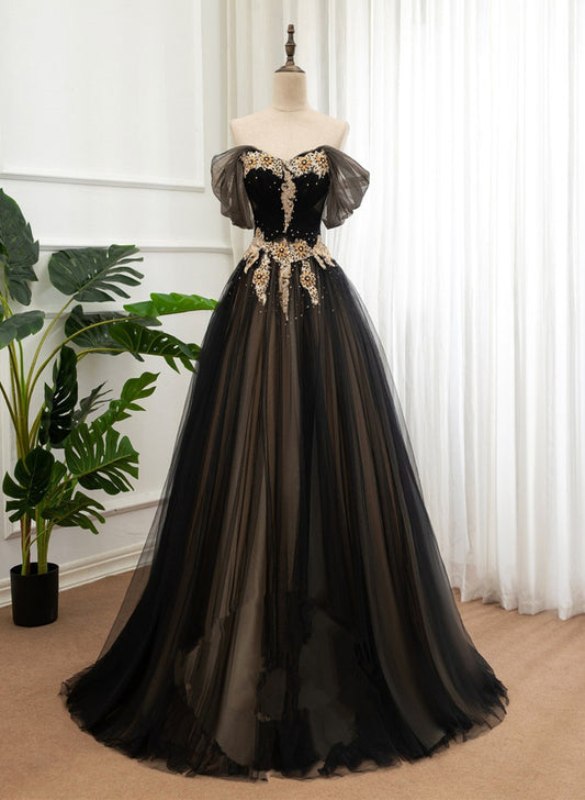 Black and Champagne Tulle Long Party Dress, Off Shoulder Formal Dress Prom Dress