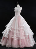 Pink High Neckline Ball Gown Tulle with Lace Sweet 16 Dress, Pink Formal Dress