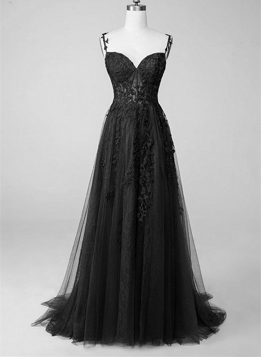 Black Sweetheart Tulle Long Party Dress with Lace, A-line Black Formal Dress Prom Dress