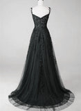 Black Sweetheart Tulle Long Party Dress with Lace, A-line Black Formal Dress Prom Dress