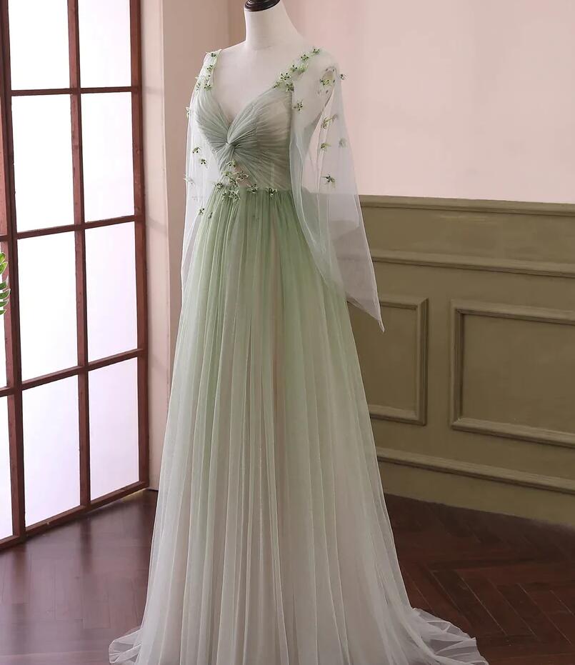 Green Gradient Puffy Sleeves Long Party Dress, A-line Beaded Prom Dress